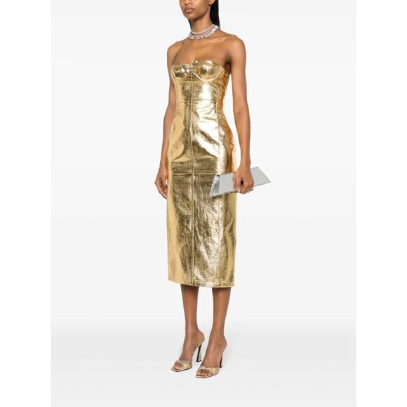 Blumarine Strapless Midi Dress in Gold 42 New Womens Leather Strapless - Picture 14 of 16